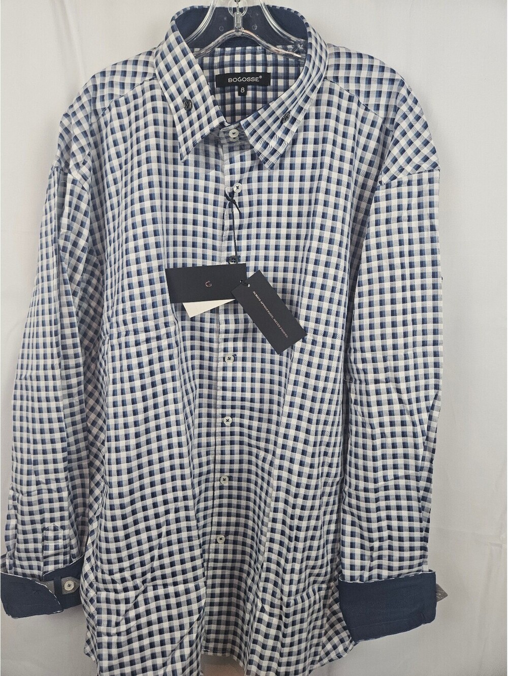 BOGOSSE Men's Navy and White Checkered Long Sleeve Shirt, 4X